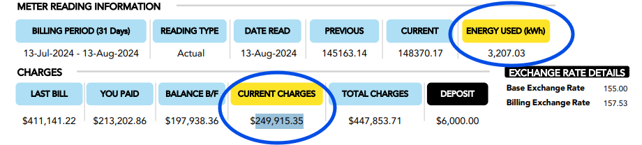 JPS bill example showing where to find current charges and monthly energy used